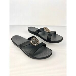 Crocs Women Sanrah Beveled Circle Sandal Black Metallic Slide 203341-060 Size 9